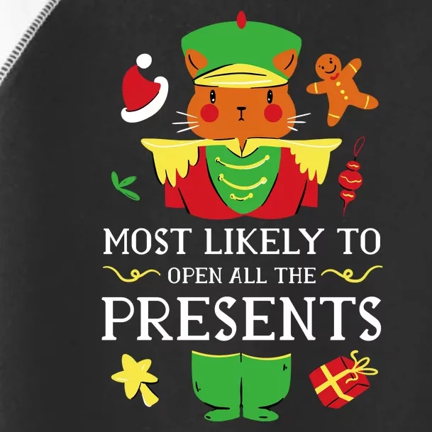 Most Likely To Open All The Presents Funny Christmas Cat Santa Toddler Fine Jersey T-Shirt