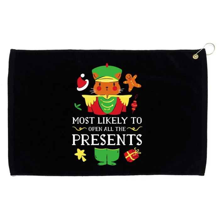 Most Likely To Open All The Presents Funny Christmas Cat Santa Grommeted Golf Towel