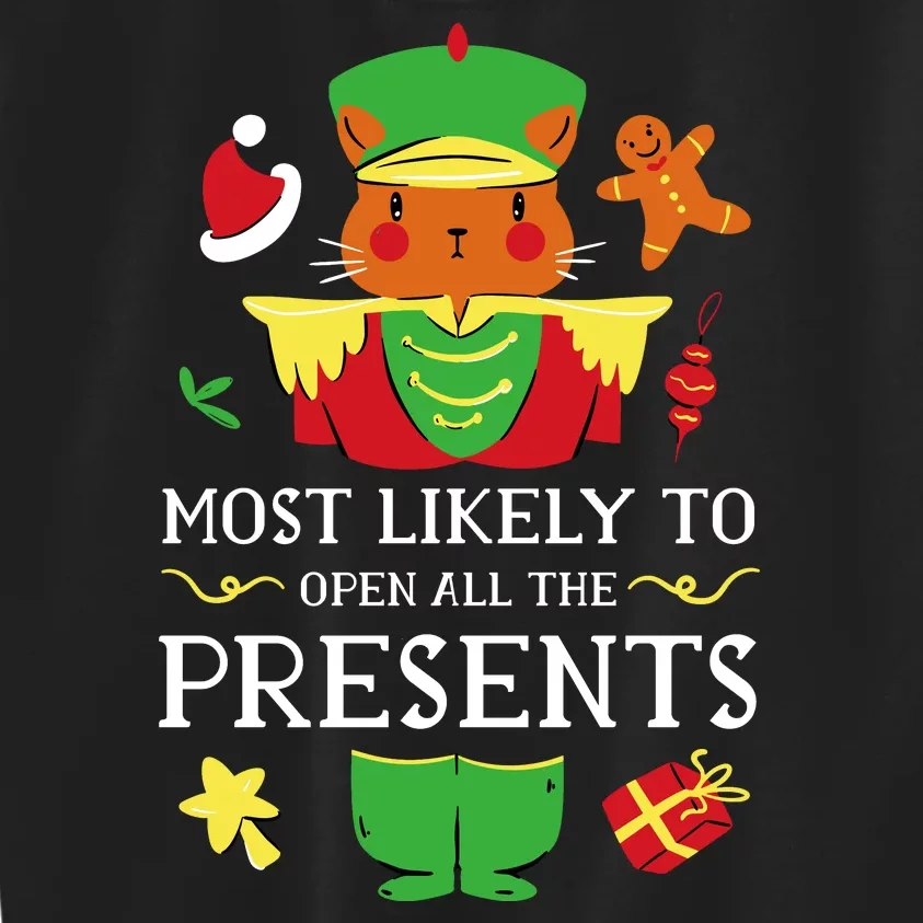 Most Likely To Open All The Presents Funny Christmas Cat Santa Kids Sweatshirt