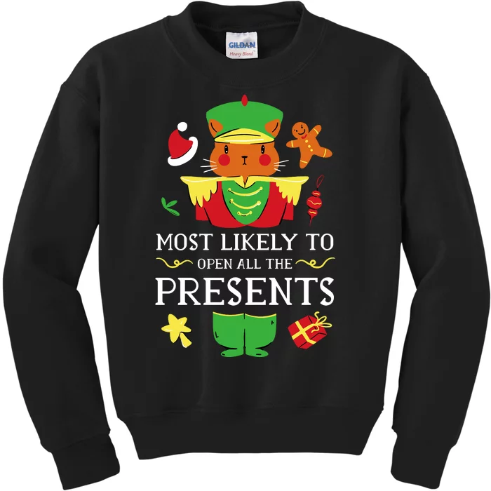 Most Likely To Open All The Presents Funny Christmas Cat Santa Kids Sweatshirt