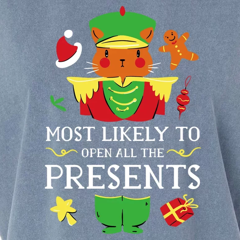 Most Likely To Open All The Presents Funny Christmas Cat Santa Garment-Dyed Women's Muscle Tee