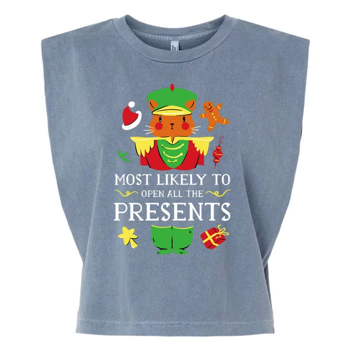 Most Likely To Open All The Presents Funny Christmas Cat Santa Garment-Dyed Women's Muscle Tee