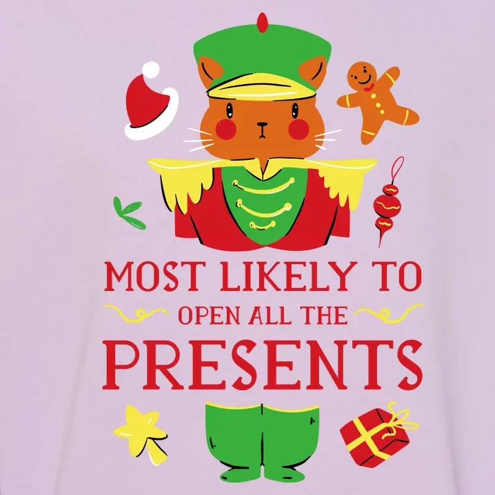 Most Likely To Open All The Presents Funny Christmas Cat Santa Garment-Dyed Sweatshirt