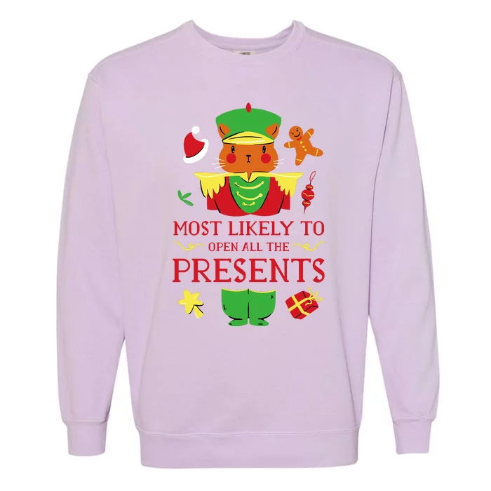 Most Likely To Open All The Presents Funny Christmas Cat Santa Garment-Dyed Sweatshirt