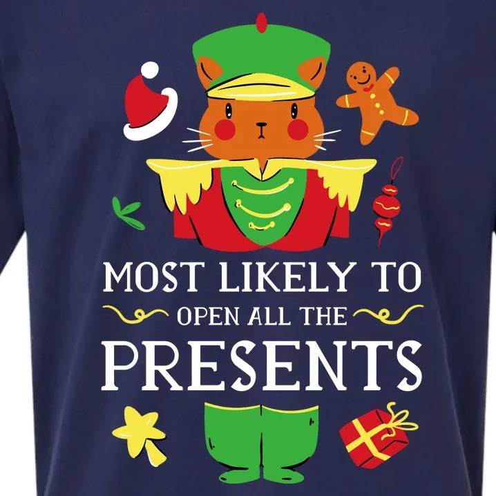 Most Likely To Open All The Presents Funny Christmas Cat Santa Sueded Cloud Jersey T-Shirt