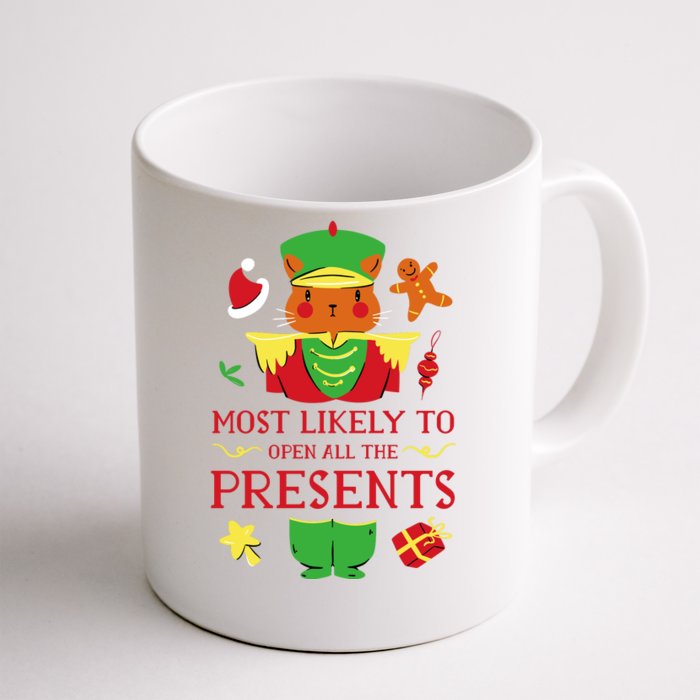 Most Likely To Open All The Presents Funny Christmas Cat Santa Front & Back Coffee Mug