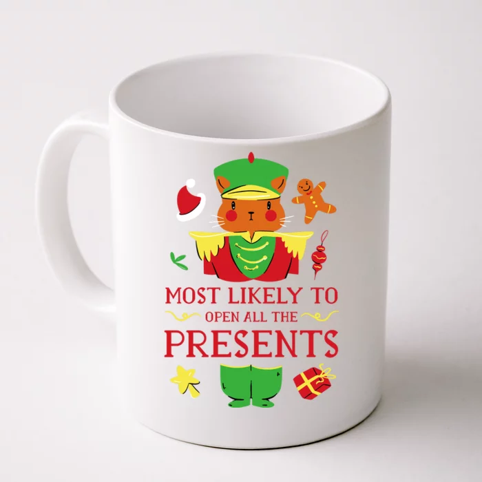 Most Likely To Open All The Presents Funny Christmas Cat Santa Front & Back Coffee Mug