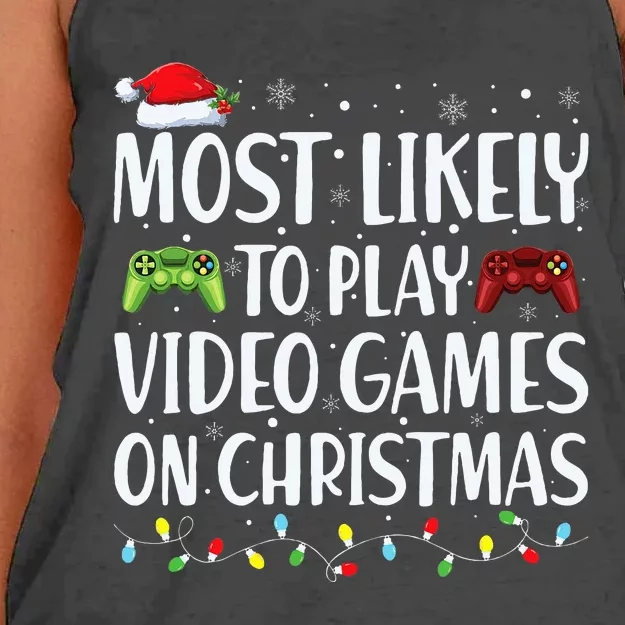 Most Likely To Play Video Game On Xmas Santa Women's Knotted Racerback Tank