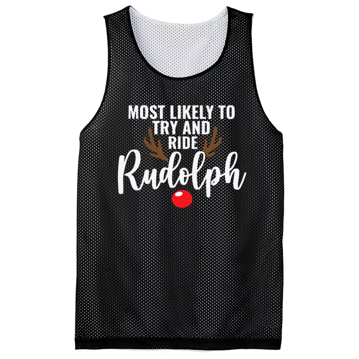 Most Likely To Try Ride Rudolph Funny Couples Christmas Mesh Reversible Basketball Jersey Tank