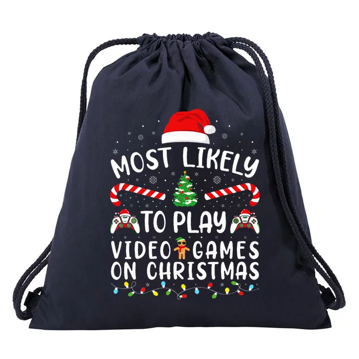 Most Likely To Play Video Games On Christmas Family Joke Drawstring Bag