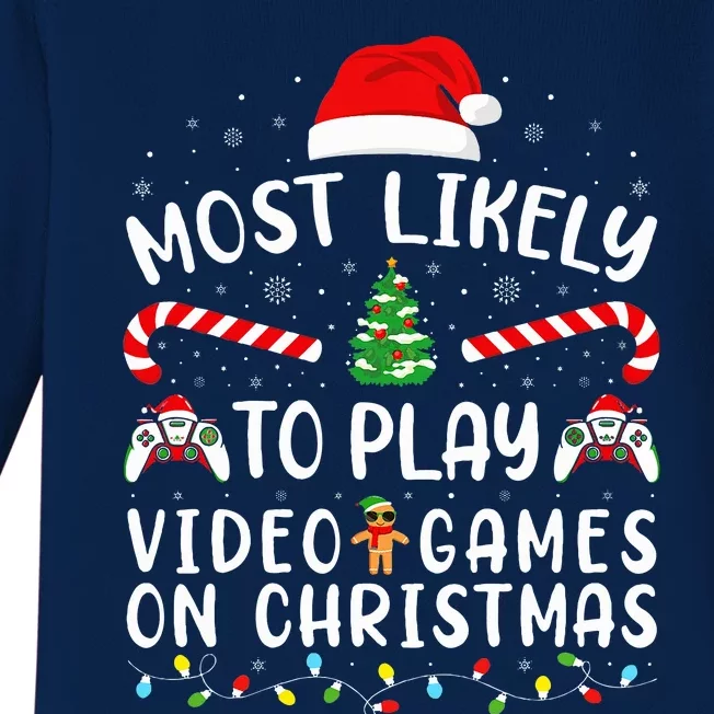 Most Likely To Play Video Games On Christmas Family Joke Baby Long Sleeve Bodysuit