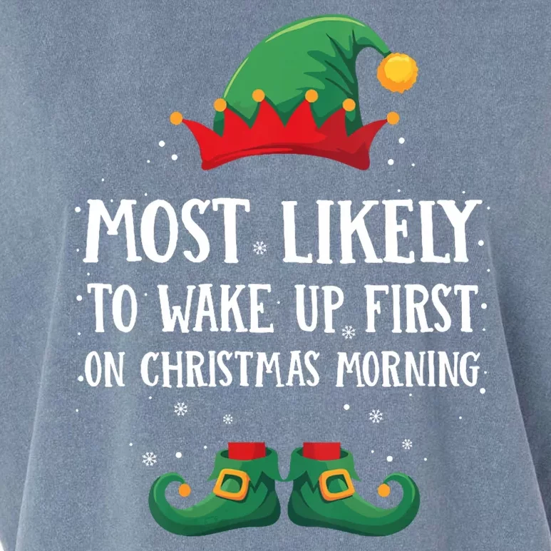 Most Likely To Wake Up First Matching Christmas Elf Garment-Dyed Women's Muscle Tee