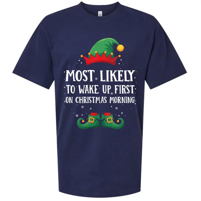 Most Likely To Wake Up First Matching Christmas Elf Sueded Cloud Jersey T-Shirt