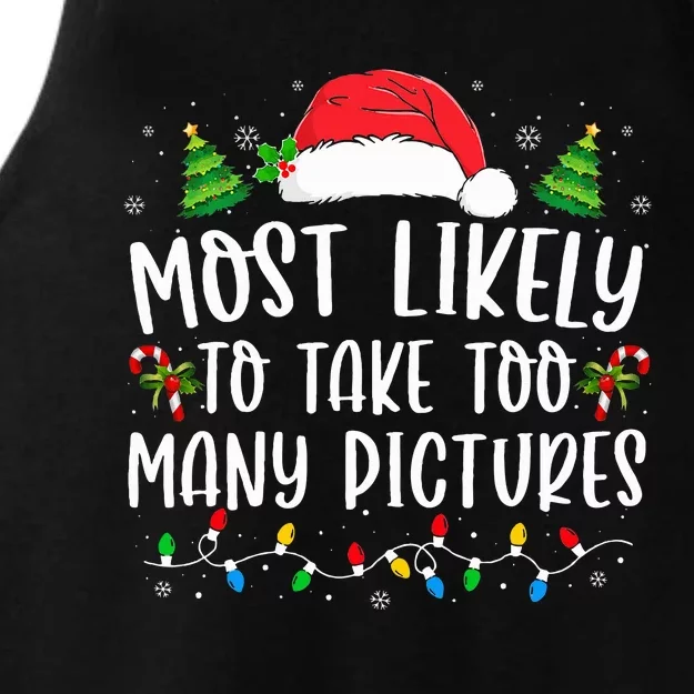 Most Likely To Take Too Many Pictures Funny Christmas Ladies Tri-Blend Wicking Tank