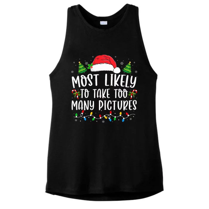 Most Likely To Take Too Many Pictures Funny Christmas Ladies Tri-Blend Wicking Tank