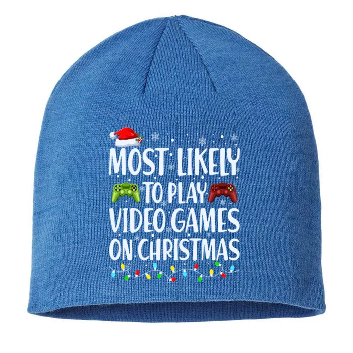 Most Likely To Play Video Games On Christmas Xmas Lights Great Gift 8 1/2in Sustainable Knit Beanie