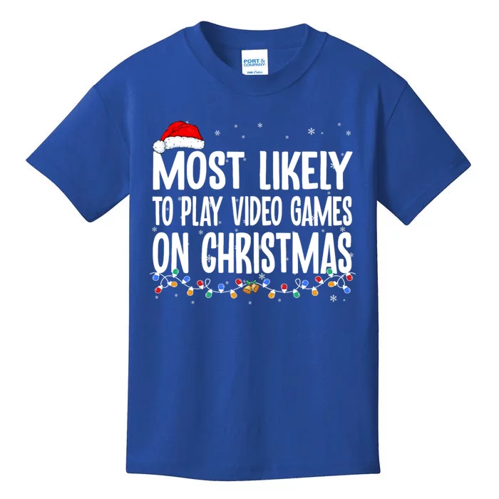 Most Likely To Play Video Games On Christmas Xmas Lights Gift Kids T-Shirt