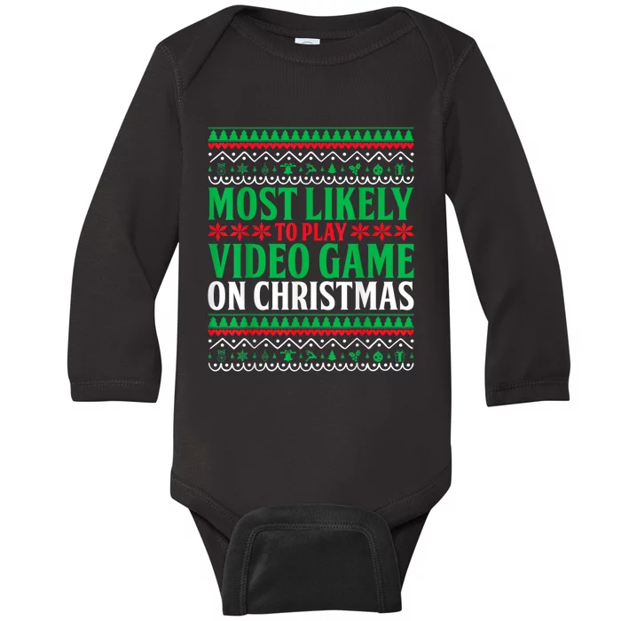 Most Likely To Play Video Games On Christmas Xmas Lights Baby Long Sleeve Bodysuit