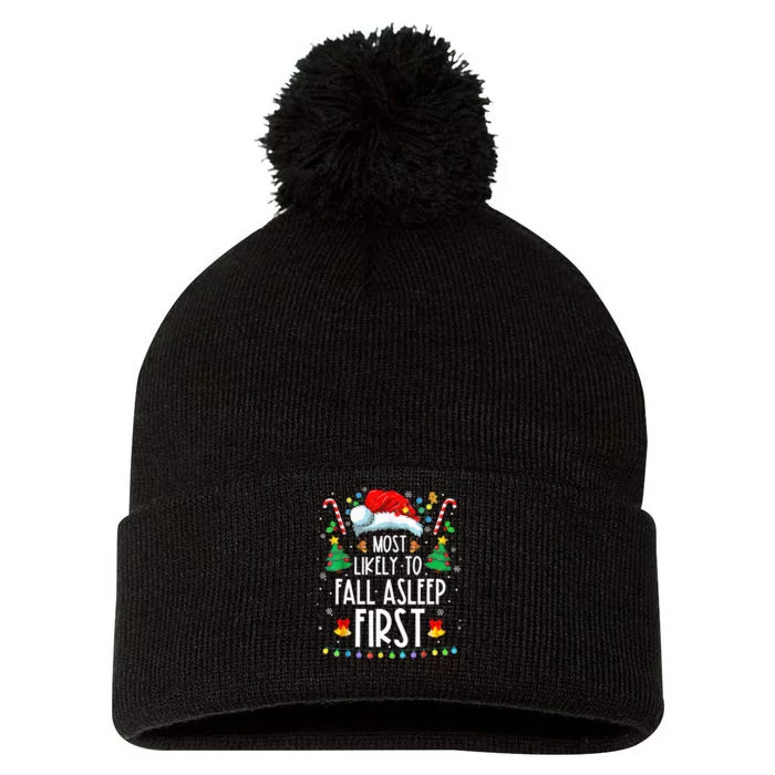 Most Likely To Fall Asleep First Xmas Family Pom Pom 12in Knit Beanie