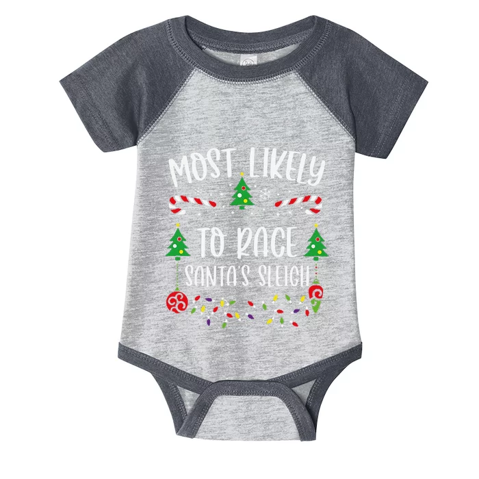 Most Likely To Race SantaS Sleigh Funny Christmas Family Matching Cute Christ Infant Baby Jersey Bodysuit