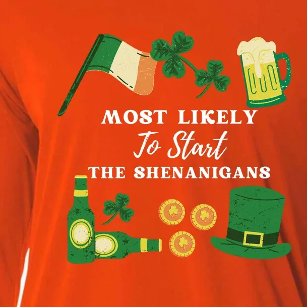 Most Likely To Start The Shenanigans Funny St Patricks Day Cooling Performance Long Sleeve Crew