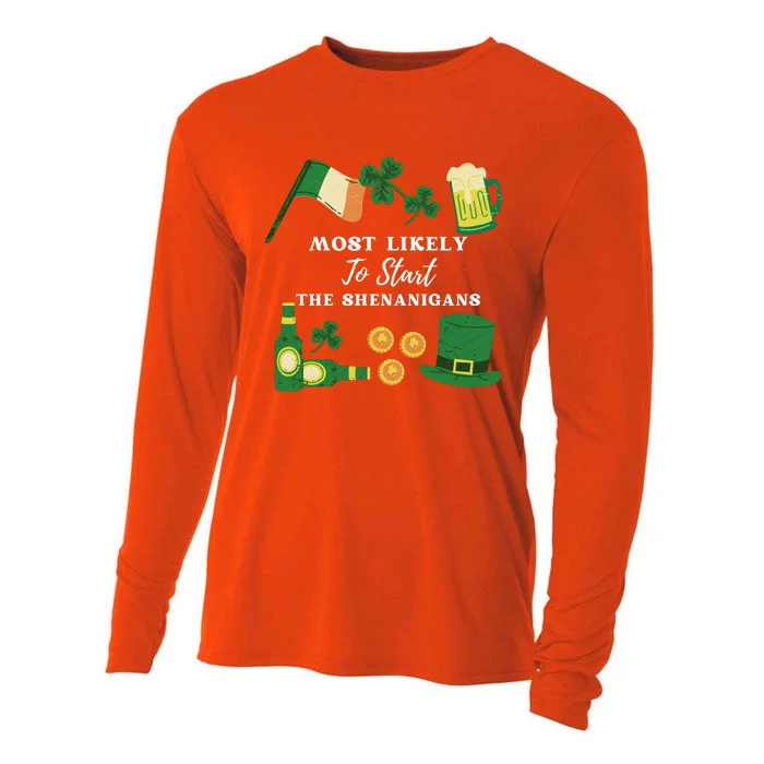 Most Likely To Start The Shenanigans Funny St Patricks Day Cooling Performance Long Sleeve Crew