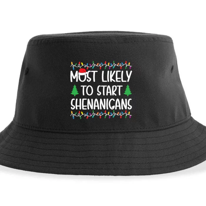 Most Likely To Start The Shenanigans Christmas Shirts For Family Sustainable Bucket Hat