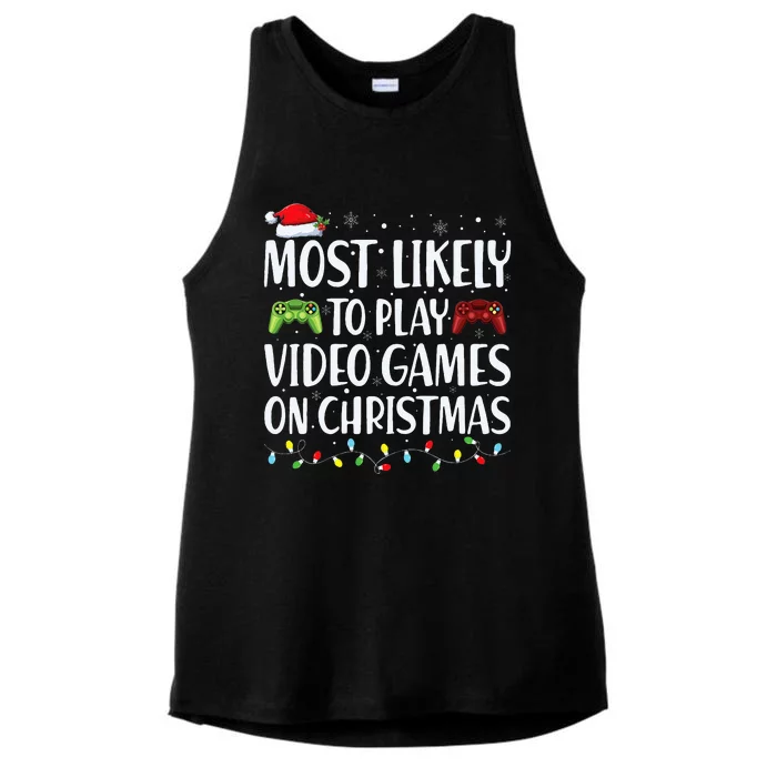 Most Likely To Play Video Game On Christmas Santa Gaming Ladies Tri-Blend Wicking Tank