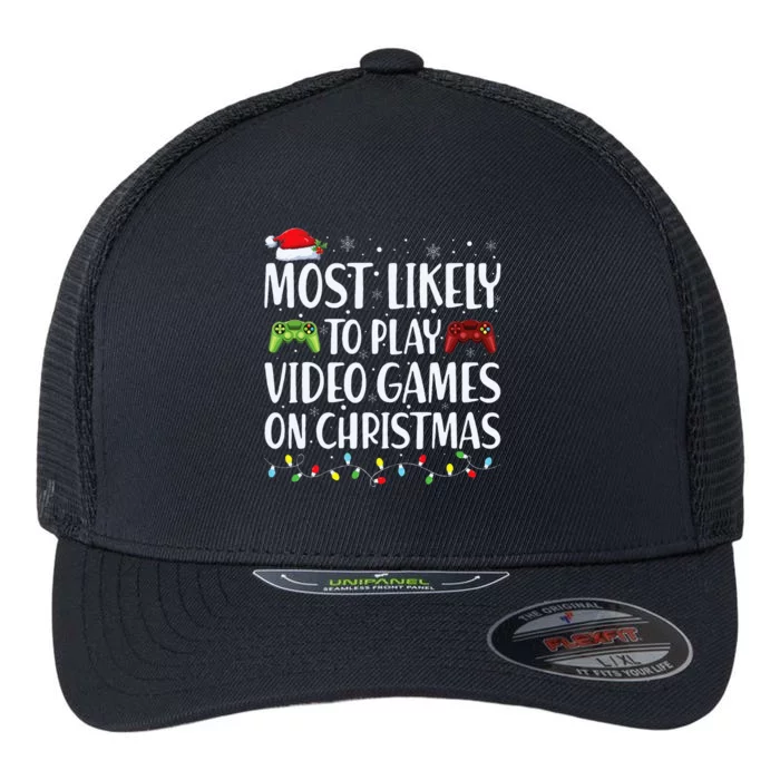 Most Likely To Play Video Game On Christmas Santa Gaming Flexfit Unipanel Trucker Cap