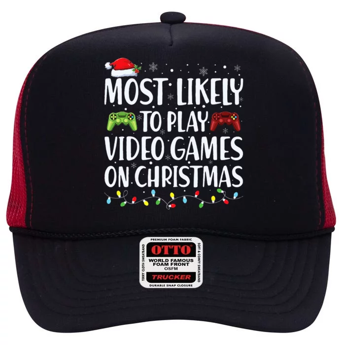 Most Likely To Play Video Game On Christmas Santa Gaming High Crown Mesh Trucker Hat