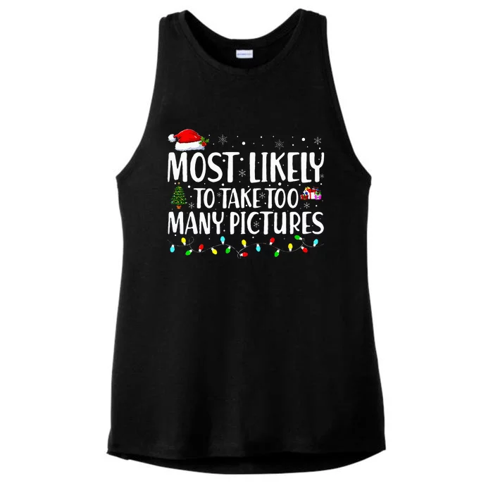 Most Likely To Take Too Many Pictures Funny Christmas Ladies Tri-Blend Wicking Tank