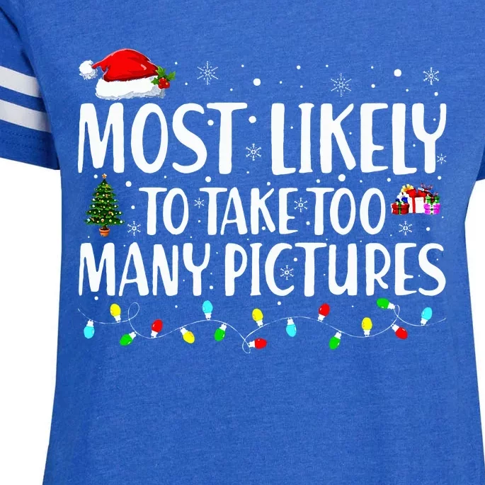 Most Likely To Take Too Many Pictures Funny Christmas Enza Ladies Jersey Football T-Shirt