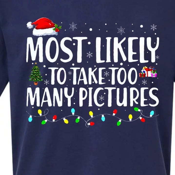 Most Likely To Take Too Many Pictures Funny Christmas Sueded Cloud Jersey T-Shirt