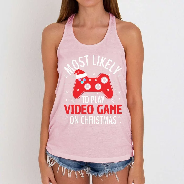 Most Likely To Play Video Game Christmas Women's Knotted Racerback Tank