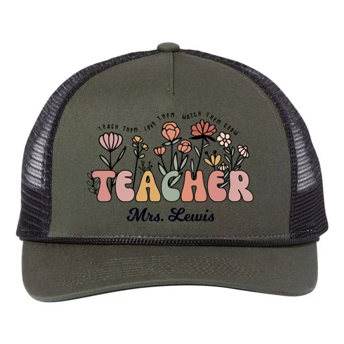 Mrs Lewis Teacher Wildflower Back To School Gift Retro Rope Trucker Hat Cap