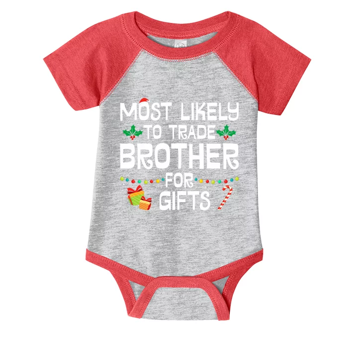 Most Likely To Trade Brother For Gifts Funny Christmas Party Infant Baby Jersey Bodysuit