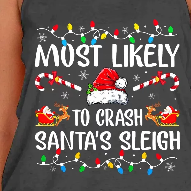 Most Likely To Crash Santas Sleigh Funny Xmas Pajama Women's Knotted Racerback Tank