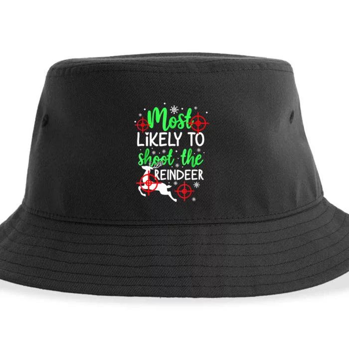 Most Likely To Shoot The Reindeer Funny Holiday Christmas Sustainable Bucket Hat