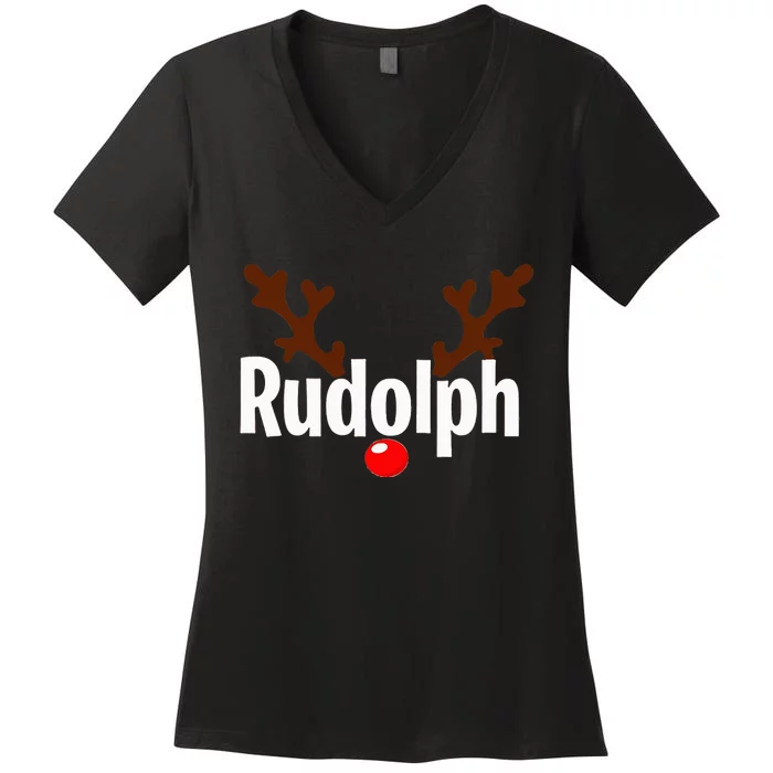 Most Likely To Try Ride Rudolph Funny Couples Christmas Women's V-Neck T-Shirt