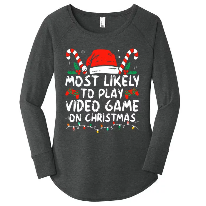 Most Likely To Play Video Game On Christmas Santa Gaming Women's Perfect Tri Tunic Long Sleeve Shirt