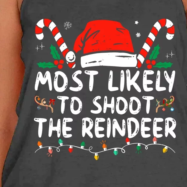 Most Likely To Shoot The Reindeer Santa Christmas Matching Women's Knotted Racerback Tank