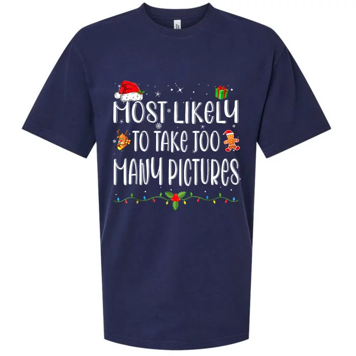 Most Likely To Take Too Many Pictures Funny Family Christmas Sueded Cloud Jersey T-Shirt