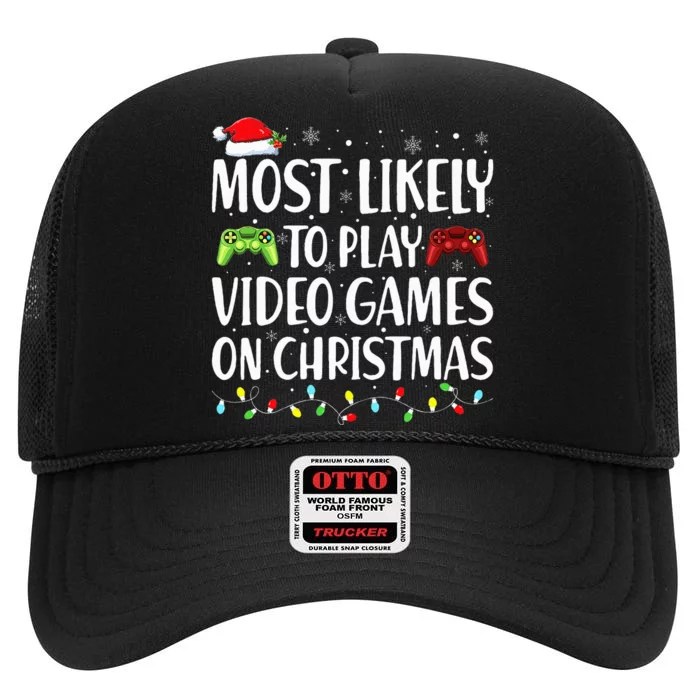 Most Likely To Play Video Game On Christmas Santa Gaming High Crown Mesh Trucker Hat