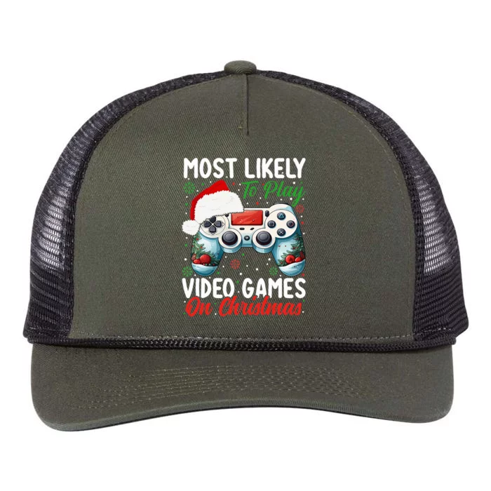 Most Likely To Play Video Games On Christmas Retro Rope Trucker Hat Cap