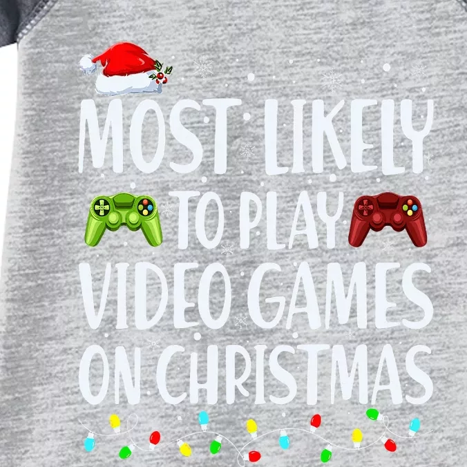 Most Likely To Play Video Games On Christmas Xmas Lights Infant Baby Jersey Bodysuit