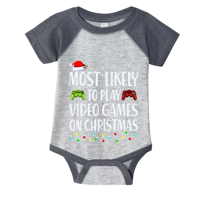 Most Likely To Play Video Games On Christmas Xmas Lights Infant Baby Jersey Bodysuit