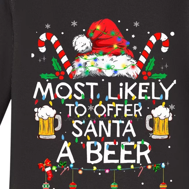 Most Likely To Offer Santa A Beer Funny Christmas Drinking Baby Long Sleeve Bodysuit