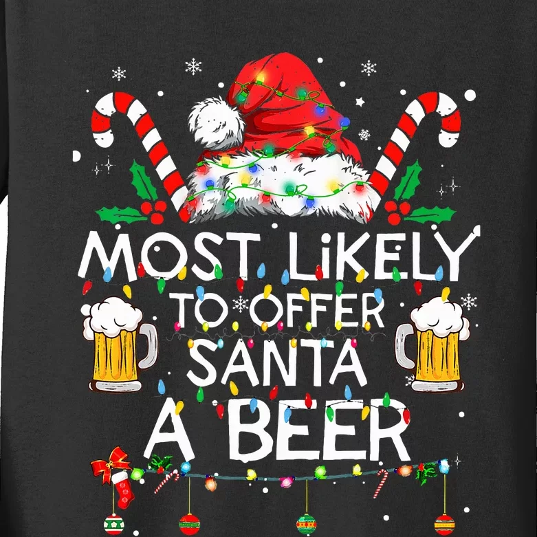 Most Likely To Offer Santa A Beer Funny Christmas Drinking Kids Long Sleeve Shirt