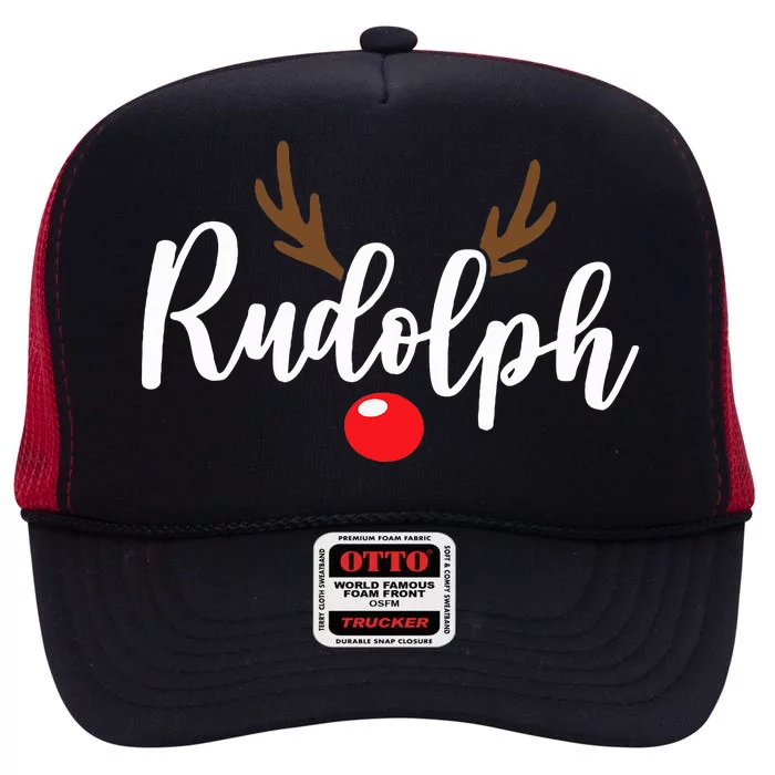 Most Likely To Try Ride Rudolph Funny Couples Christmas High Crown Mesh Trucker Hat