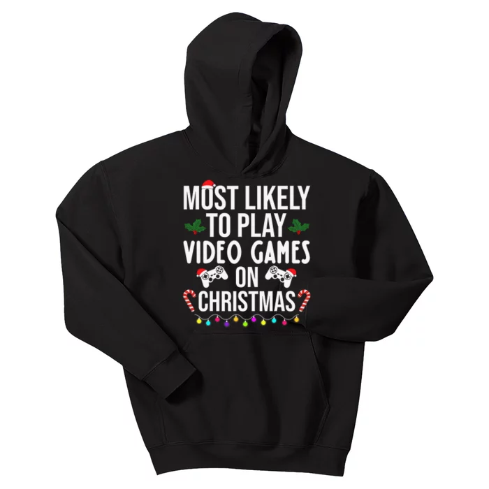 Most Likely To Play Video Games On Christmas Xmas Lights Kids Hoodie